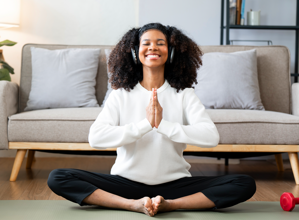 Whole Bean Coffee. Woman meditating in the floor