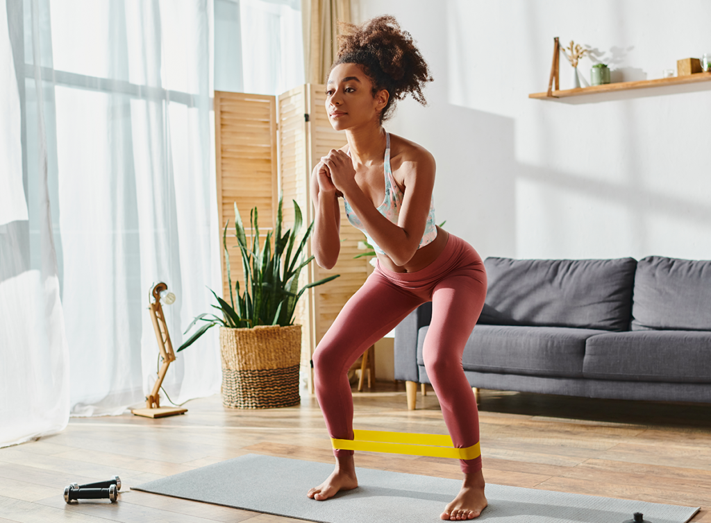 Dark Roast Coffee. Woman doing exercise on a mat.