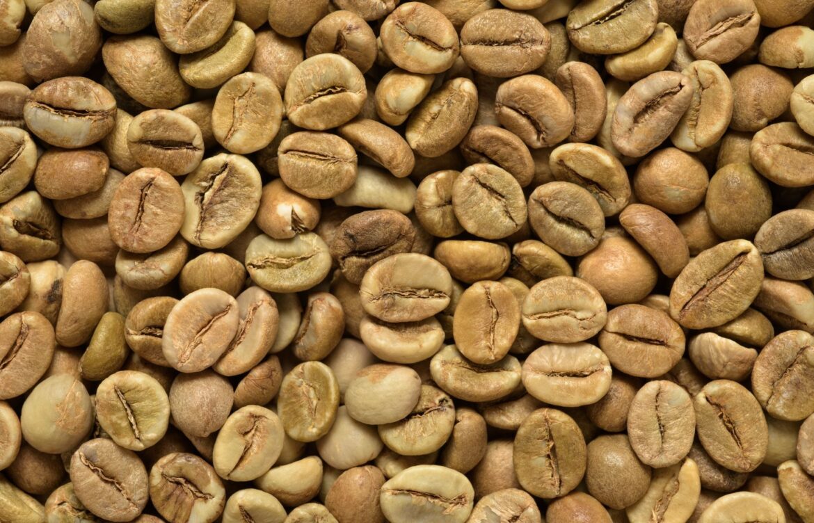 Pile of light blonde roast robusta coffee beans showing pale brown color and smooth texture
